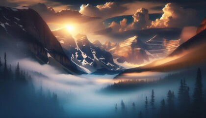 Wall Mural - A scenic image of mountains with snow-capped peaks at sunrise