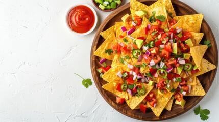 Sticker - Mexican nachos served on a wooden platter set against a plain white backdrop View from above