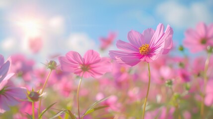 Wall Mural - Flower Blossom. Pink Cosmos Flowers Blooming in a Lush Garden Setting