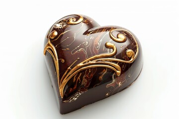 Poster - Heart shaped chocolate box with golden decor on white table. Generative AI
