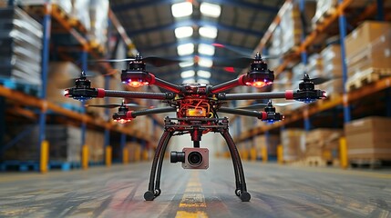 Wall Mural - Industrial Innovation A drone delivering parts in a warehouse, illustrating the use of autonomous technology in supply chain management. Realistic Photo,