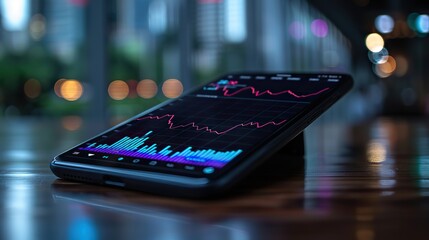 Poster - A line graph with sharp inclines on a smartphone, indicating mobile market expansion. stock image