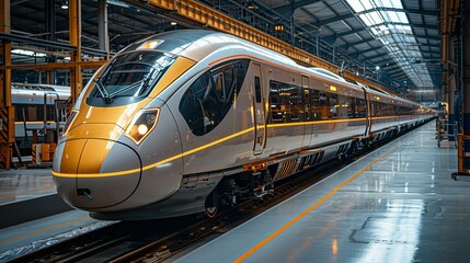 Wall Mural - Industrial Innovation A high-speed train being manufactured, highlighting innovation in transportation technology. Realistic Photo,