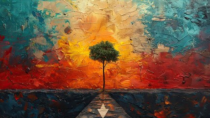 Wall Mural - A painting of a tree growing beside a rising arrow, symbolizing natural growth and expansion. stock photo