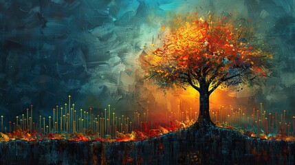 Wall Mural - A painting of a tree with leaves forming a line graph, representing natural growth. stock image