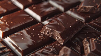 Poster - Detailed view of a smooth chocolate bar, showcasing its break lines, dark color, and even surface. Generative AI