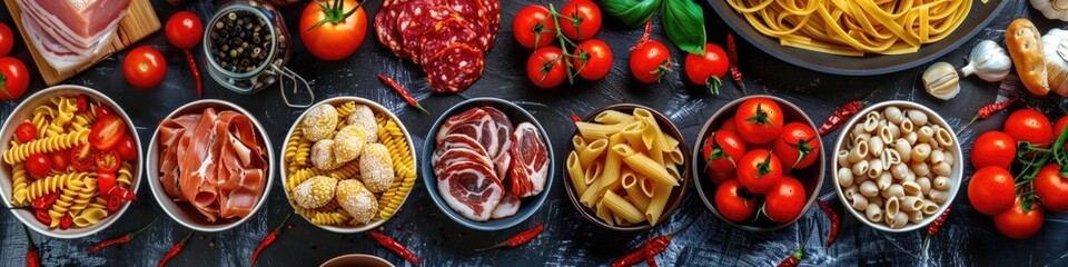 Wall Mural - Food Products. Collage of Pasta, Meat, and Tomatoes for an Italian Dinner Meal