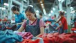 © Vlad - Garment Factory: Asian Worker Folding Colorful Clothing with Copy Space