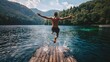 © Prakakrong - A joyful young man in mid-jump off a jetty, splashing into the cool waters of a lake, embracing the essence of a summer holiday.