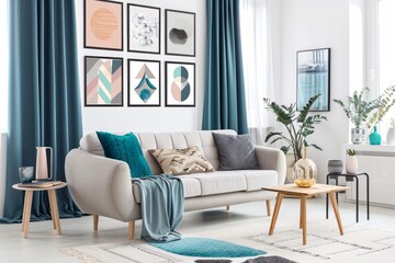 Wall Mural - Photo of a modern living room with white walls, grey sofa and blue curtains