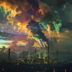 Wall Mural - Colorful smoke billowing from an industrial plant at sunset, highlighting environmental pollution and industrial impact.