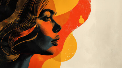 Abstract portrait of a woman in side profile with dominant orange and yellow elements, evoking a serene and modern feeling