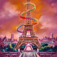 whimsical eiffel tower in a bold parisian sunset palette. whimsical elements and parisian cityscape 