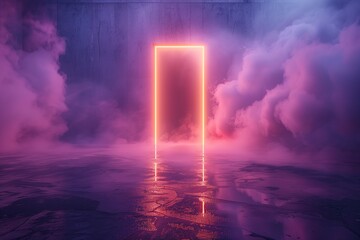 A neon light portal is glowing in a room with purple smoke. The room is dark and the light is the only source of illumination. Scene is mysterious.
