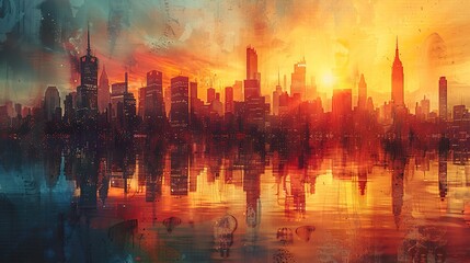 Poster - An abstract painting of a city skyline growing in height alongside a rising chart, symbolizing urban development. stock photo