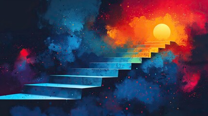 Poster - an illustration of a staircase merging into a growing line graph, representing steps towards achieve