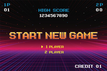 Poster - START NEW GAME play .pixel art .8 bit game. retro game. for game assets in vector illustrations.