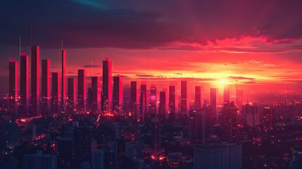 Poster - An illustration of a sunrise over a bar chart, symbolizing a bright future. stock photo