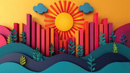 Wall Mural - An illustration of a sunrise over a bar chart, symbolizing a bright future. stock image