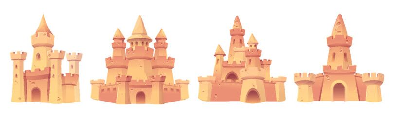 Cartoon sandcastle sculpture with towers and gates. Vector illustration set of different sand palaces for summer beach vacation children activity. Fantasy building construction castle fortress.