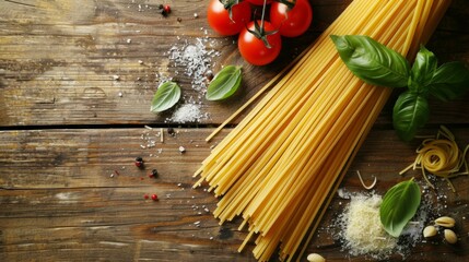 Wall Mural - Italian Culinary Artistry: Scattered Al Dente Spaghetti Noodles on Rustic Wooden Table