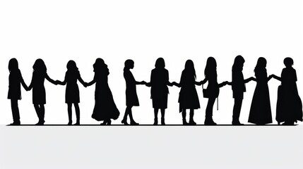 Wall Mural - Black silhouettes of women. Women holding hands. International Womens Day concept. Womens community. Female solidarity. Different women silhouettes. Vector illustration