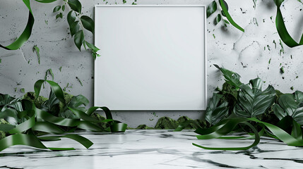 Wall Mural - High-quality 3D render of an empty space with a blank picture frame, forest green ribbons, and a marble floor. Ultra high definition.