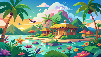 Wall Mural - Tropical Paradise Island Landscape with Huts and Palm Trees. Vector illustration of Hush Vacation