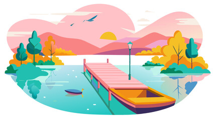 Poster - Serene Lakeside Sunset with Boat and Wooden Pier. Vector illustration of Hush Vacation