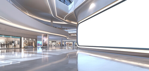 Wall Mural - Sleek modern shopping mall with a large blank billboard, 3D rendered with a light border for retail advertising.