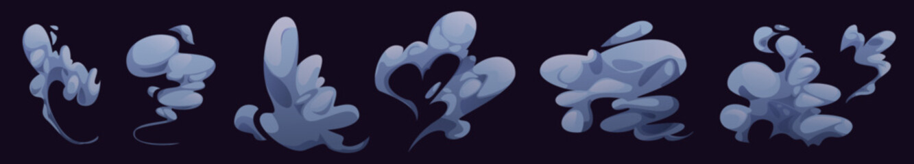 Wall Mural - smoke clouds set isolated on black background. vector cartoon illustration of gray steam puff effect