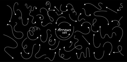 Poster - Set of hand drawn thin line arrows. Collection of curved pointers. White vector pointers pointing in different directions. Simple design elements of a signpost showing a confusing complex path
