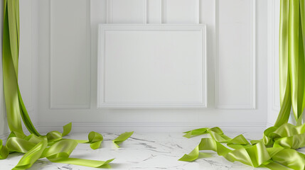 Wall Mural - High-definition 3D mockup of an empty room with a blank frame, lime green ribbons, white walls, and a marble floor.