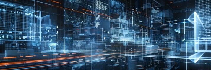 Poster - An architectural software interface rendered in 3D with a VR visualisation for engineers, designers, builders, and construction specialists.