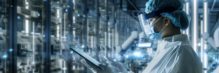 Poster - At a modern electronics factory with automated robots, a female technician with protective coveralls is using a tablet computer while using a mask and eyewear.