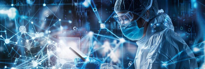 Poster - A female worker wearing a disposable protective suit, mask, and goggles analyzes potential workplace hazards and contamination with a tablet computer in a production plant