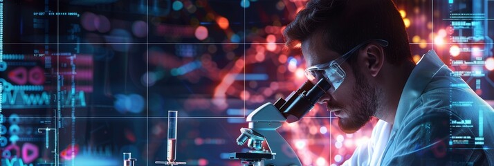 Poster - An advanced scientific lab for medicine, biotechnology, and microbiology development. Portrait of an adult male scientist looking under a microscope, analyzing samples.