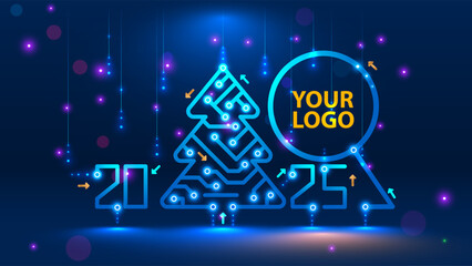Aufkleber - Template New Year and Happy Christmas cards in the style of new technology. Christmas tree, 2025 year on printed circuit Board. Snowfall, snow flakes from the electronic pulses and signals. Tech 2025.