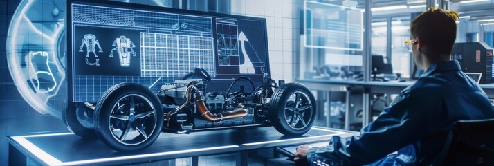 Poster - Electric Car Chassis Prototype, Wheels, Batteries, and Engine are tested in a High Tech Development Laboratory by a Professional Engineer working on a computer system using 3D CAD software.