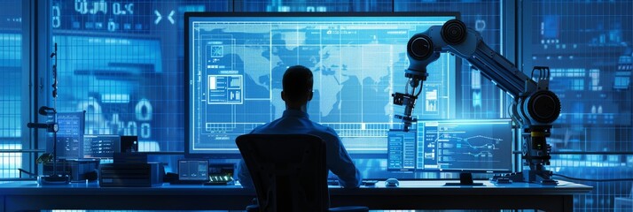 Poster - An automotive engineer sits at his desk while working on his computer. Monitoring, control, and equipment design. Robotic arm assembly line manufacturing. Overhead view.