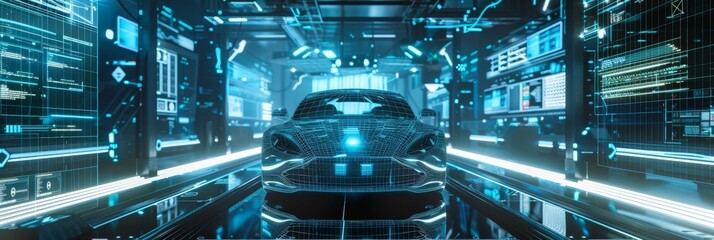 Poster - An automated robot assembly line manufacturing high-tech green energy electric vehicles. A construction, building, welding conveyor conveyor with a front view.