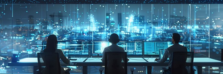 Wall Mural - Working in a large city office, an ethnically diverse team of IT programmers is working on desktop computers. Software specialists are developing innovative software. Engineers are creating