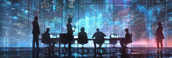 Poster - The conference room of an office in the modern age is filled with a diverse team of managers using laptops and tablets to discuss business projects. Young, motivated and experienced employees