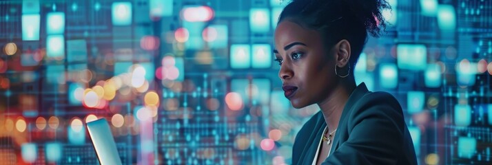 Poster - Photograph of an African American female executive director managing digital e-commerce projects in her city office late at night while working on her laptop computer.