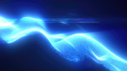 Blue energy futuristic waves with light rays and energy particles. Abstract background