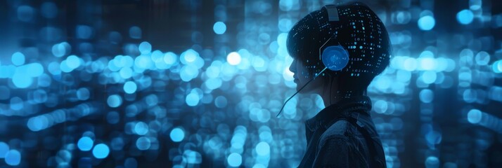 Poster - worker wearing headset supporting remote customer on video call. telemarketing, customer support, an