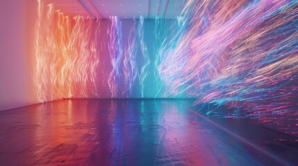 Wall Mural - An ever-evolving wall of holographic bristles that react and sway to an unseen environmental stimuli, changing colors as they move. 