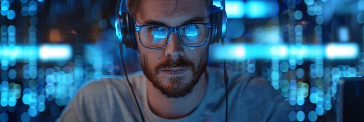Poster - Helpline Concept. Caucasian young man with headset, successful manager of call center, sitting in office, using computer, and talking on video conference with client or employee.
