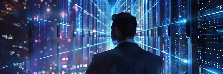 Poster - The successful businessman and e-Business entrepreneur is looking away while working on a laptop late at night. He is overlooking the server farm of a cloud computing facility late at night.