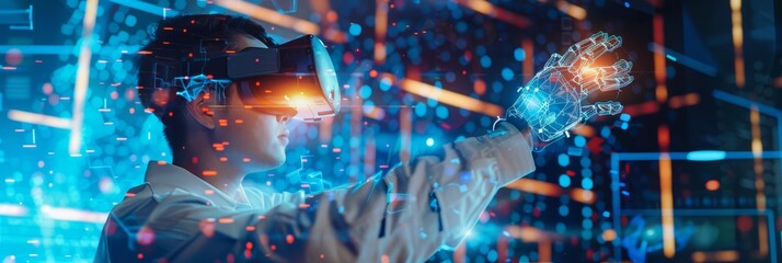 Poster - Engineer using VR headset with controllers and directing robot arm under his control. VFX Augmented Reality Icons demonstrate innovative technologies.